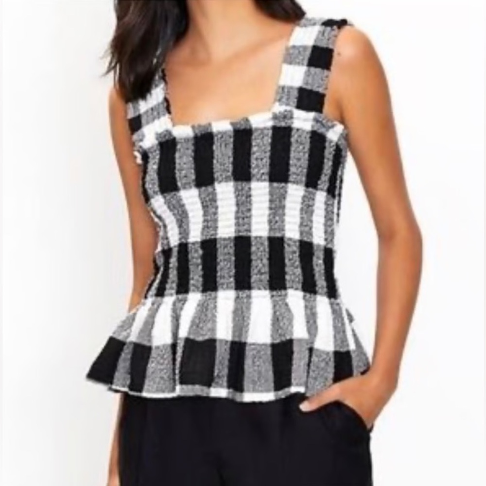LOFT Gingham Smocked Square Neck Top
